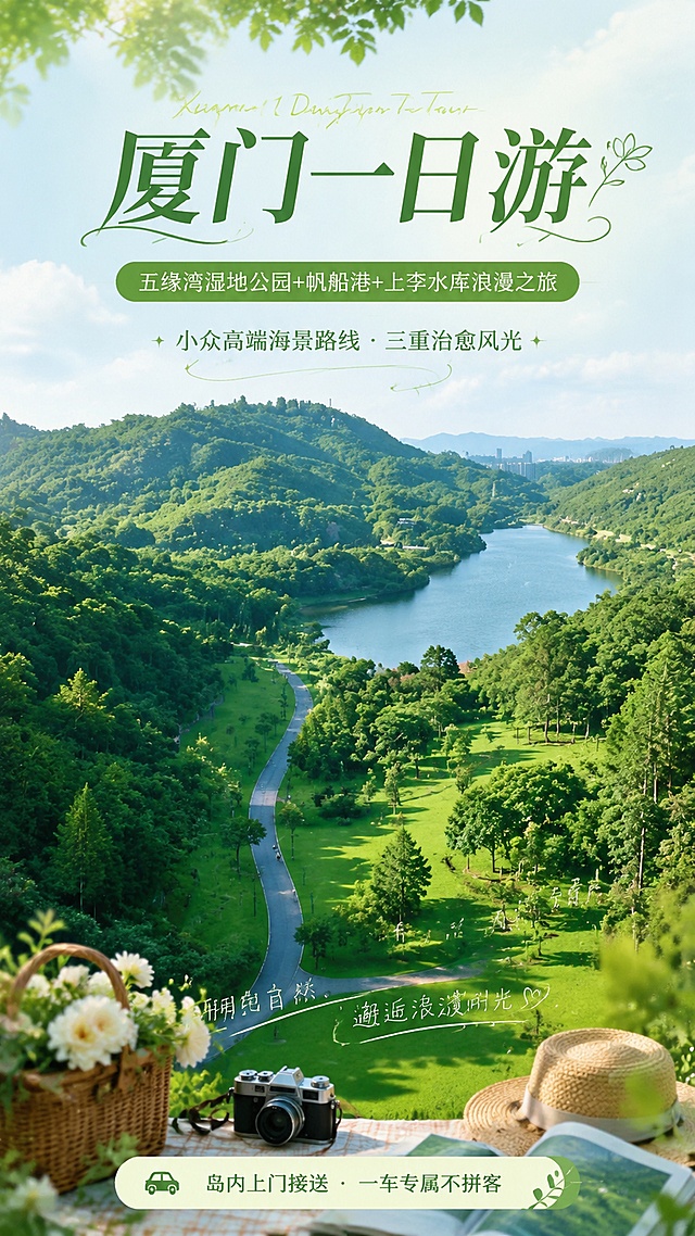 [第1屏] 详情页头图-厦门一日游浪漫之旅主题海报。本屏使用【图1】中上李水库森林草坪与湖畔风光作为主视觉场景。
[氛围/风格] 清新治愈森系旅行风，自然光影，商业摄影质感，浪漫氛围感。
[元素布局] 画面主体为上李水库森林草坪与湖畔秘境全景，翠绿草坪、蜿蜒步道、湖畔碧水、茂密树林层次分明；上方留标题区，底部有装饰性旅行元素；整体场景开阔舒展，充满度假放松气息。
[光影质感] 午后柔和自然光，阳光透过树叶洒下斑驳光影，明暗层次丰富，画面通透清新。
[配色色系] 全局底色 #E8F5E9 森系绿渐变；主色森林绿、草坪绿；辅助色天空蓝、湖水蓝、米白色。
[视角构图] 微俯视全景视角，景深丰富，阅读动线从上至下：标题区 → 中部主场景 → 底部信息条。
[文字版式] 顶部居中大标题「厦门一日游」，副标题「五缘湾湿地公园+帆船港+上李水库浪漫之旅」，字体清新优雅；标题下方小字「小众高端海景路线 · 三重治愈风光」；底部信息条标注「岛内上门接送 · 一车专属不拼客」；文字不遮挡核心景观。
[比例分辨率] 9:16 竖版比例，4K 分辨率，文字清晰可辨，高清画质。
[负向提示词] 画面变形，水印，文字错乱，文字过小，颜色偏差，场景模糊，背景杂乱，人物突兀。