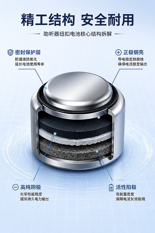 [第3屏] 产品结构解析页-助听器纽扣电池核心结构拆解说明。本屏使用【图3】作为产品主体。
[氛围/风格] 专业解析风格，蓝色调科技质感，清晰展示产品内部结构，严谨可信。
[元素布局] 产品纽扣电池放大置于画面中心，占比约70%，使用细引线标注出密封保护层、正极钢壳、高纯阴极、活性阳极四个核心结构部位，每个引线搭配短说明文字，解释各部位功能与用户收益；背景搭配浅蓝色渐变网格，突出产品主体，保留产品银灰色金属质感与原结构轮廓一致。
[光影质感] 中心侧光打光，突出产品金属球面弧度，阴影自然，材质纹理清晰可见，立体感强。
[配色色系] 全局底色 #e8f2fc，主色银灰色产品本体，辅助结构引线蓝色#4080d0，文字黑色。
[视角构图] 正面微俯视视角，中心产品主体，引线标注环绕产品四周，构图稳定清晰。
[文字版式] 顶部标题「精工结构 安全耐用」，每个引线标注「部位名称+核心优势」，文字清晰不遮挡电池主体，字号适配手机阅读。
[比例分辨率] 9:16 竖版比例，4K分辨率，文字清晰可辨，高清画质。
[负向提示词] 产品结构错误，变形，材质失真，文字遮挡主体，文字错乱，水印。