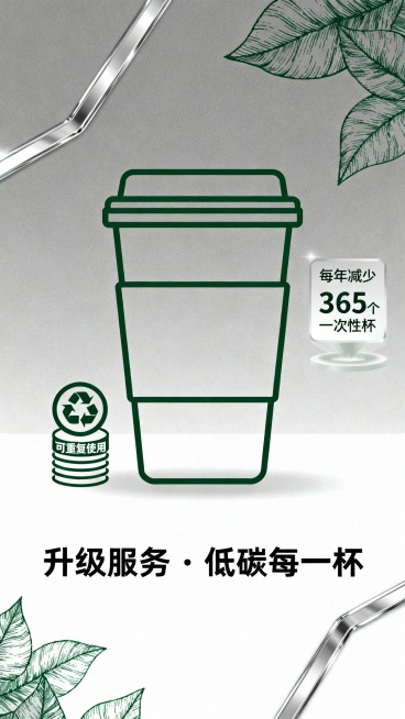 不要卡通，元素：咖啡杯+可重复使用标志+数据标签，文案体现‘设施服务升级’感，类似高端写字楼的环保倡议，清新绿色，生动预览效果
