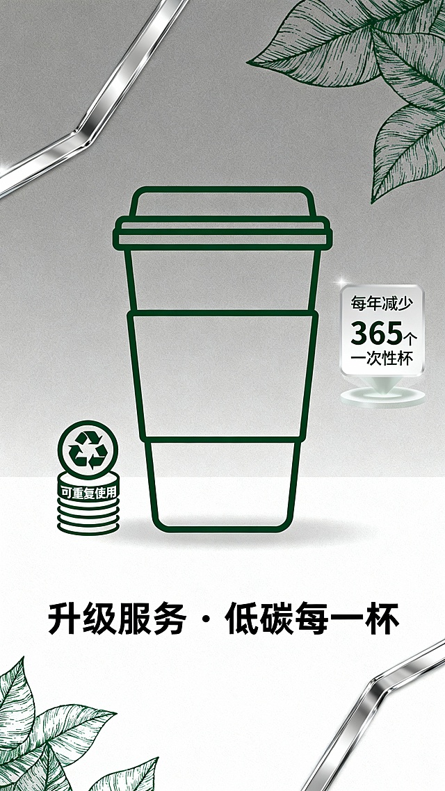 不要卡通，元素：咖啡杯+可重复使用标志+数据标签，文案体现‘设施服务升级’感，类似高端写字楼的环保倡议，清新绿色，生动