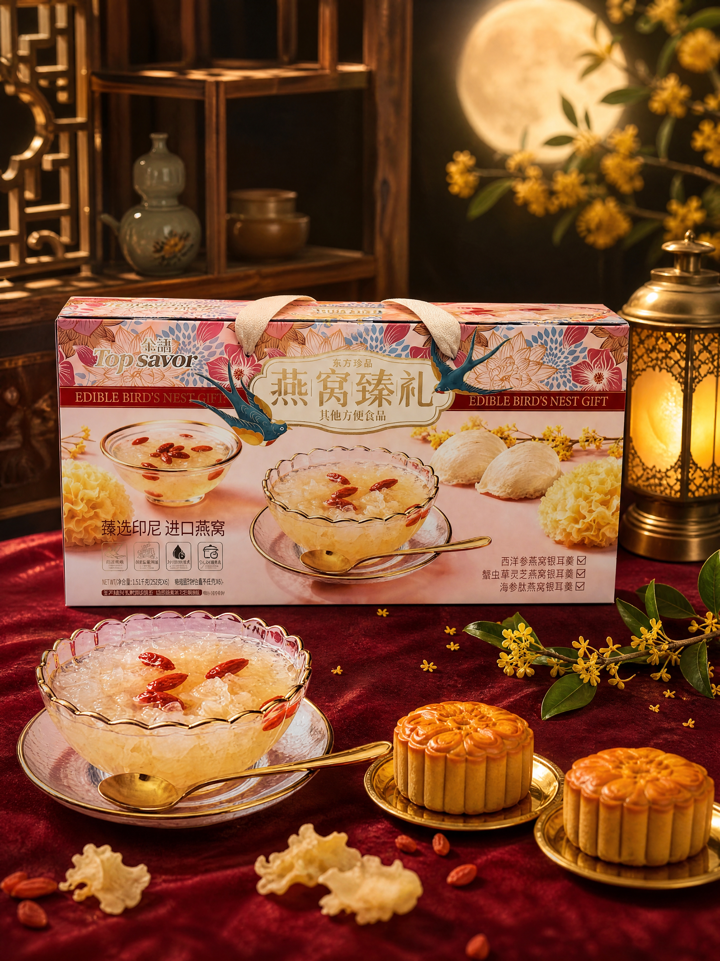 超写实高端食品礼盒场景摄影。 主体：燕窝臻礼礼盒严格参照上传产… - 图片创意预览