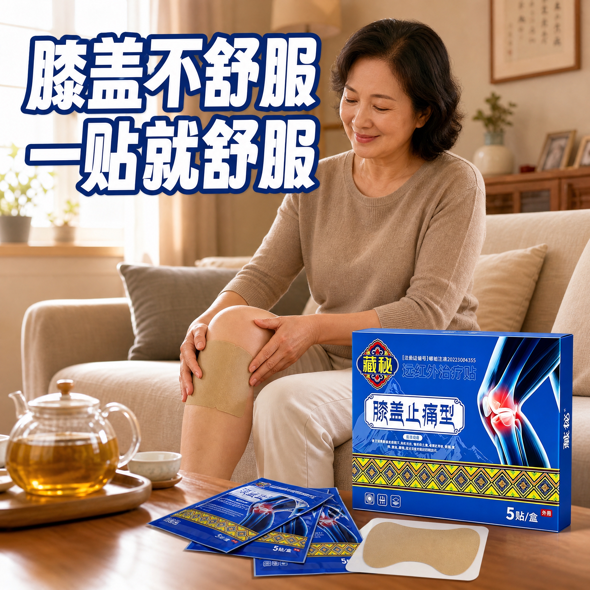 [主图-4] 使用场景图，展示中老年人膝盖不适时使用止痛贴的真… - 图片创意预览