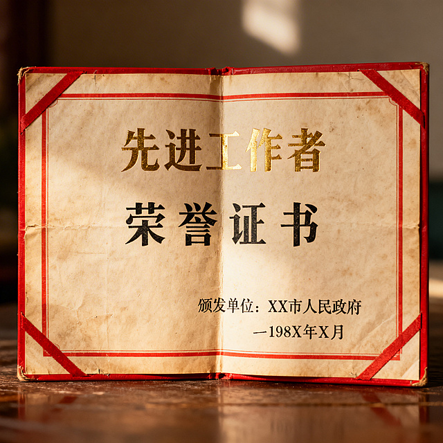 先进工作者荣誉证书，红色边框金色字体，八十年代官方荣誉表彰证书实拍质感
