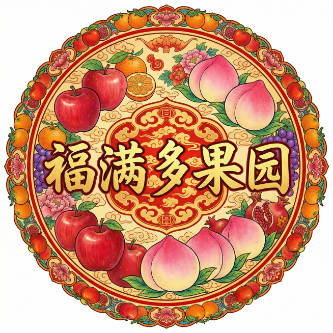 福满多果园水果店店铺头像，包含文字"福满多果园"，中国传统年画风格，鲜艳饱满色彩，吉祥纹样，桃和苹果水果元素，传统工笔线条，喜庆饱满，适合做店铺头像预览效果