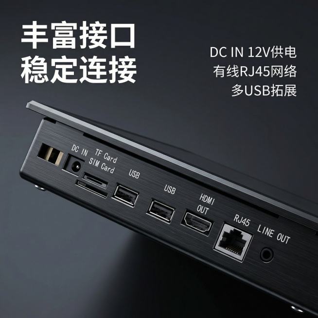 [主图 3] 接口细节特写展示 
[氛围风格] 极致质感，高清工业细节风 
[画面元素] 对产品底部的接口区域进行微距特写展示，突出清晰的各接口标识与金属质感，光影突出纹理细节，接口排列顺序和标识必须预览效果