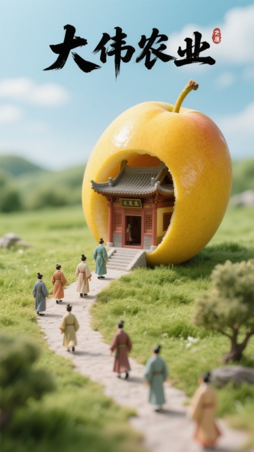 主体是巨大的芒果做的古代房子，房子嵌入在芒果内，背景是草地，一条迷你路直接通向芒果里的房子，有唐代百姓小人在路上走，整体盛唐气息。上有一书法字体：大伟农业预览效果