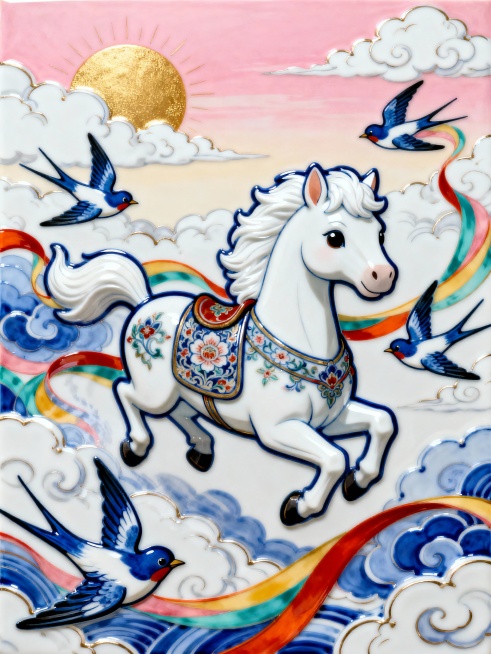 Q 版卡通风格。主体是一匹造型可爱的白色小马（宝相花纹的马鞍，腾空飞跃，毛发带珠光质感），几只蓝白相间的燕子围绕着马匹飞舞。穿插流线型彩带（带有动感），背景是柔软的白色云海与金色阳光，粉色天空渐变。整预览效果