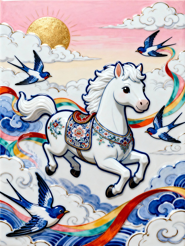Q 版卡通风格。主体是一匹造型可爱的白色小马（宝相花纹的马鞍，腾空飞跃，毛发带珠光质感），几只蓝白相间的燕子围绕着马匹飞舞。穿插流线型彩带（带有动感），背景是柔软的白色云海与金色阳光，粉色天空渐变。整体色调以粉红与洋红为主。