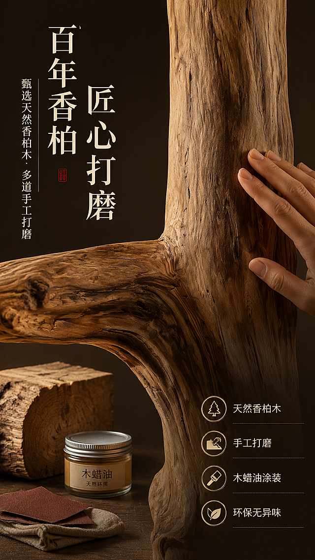 [第3屏] 材质工艺-香柏木天然纹理与打磨细节特写。本屏使用【图2】作为商品材质主体，保持木材纹理、颜色、质感与输入图一致。
[氛围/风格] 自然质朴工艺感，匠心手作氛围，微距商业摄影质感。
[元素布局] 画面主体为香柏木树干与树枝交接处的特写，占比约70%；左侧或上方为文案说明区；背景为深棕色或深灰色纯色质感底，突出木材；画面中可加入一只手轻轻抚摸木纹的局部（仅手部，不露脸），体现触感；旁边可摆放一小块香柏木原料、细砂纸或木蜡油小罐等工艺元素≥3种。
[光影质感] 侧逆光勾勒木纹边缘轮廓，正面柔光补光，木纹的每一道沟壑与凸起都清晰可见；木材表面呈现温润哑光的打磨质感，无刺眼高光。
[配色色系] 全局底色 #3A2E22（深棕褐）；主色香柏木原木色；辅助色米白文案、深棕阴影、暖黄点缀。
[视角构图] 微距斜侧视角，局部大特写，木纹纹理为视觉焦点；阅读动线左侧标题 → 中部材质特写 → 右侧工艺说明。
[文字版式] 版式为左侧竖排/横排标题 + 右侧大特写 + 右下四点工艺说明。主标题「百年香柏 匠心打磨」，副标题「甄选天然香柏木 多道手工打磨」；右下四个工艺点：「天然香柏木」「手工打磨」「木蜡油涂装」「环保无异味」，每项配小图标；文字为米白色，清晰可读。
[比例分辨率] 9:16 竖版比例，4K 分辨率，文字清晰可辨，高清画质。
[负向提示词] 材质塑料感，木纹模糊，颜色偏差，水印，文字错乱，文字过小，人物面部，背景杂乱。