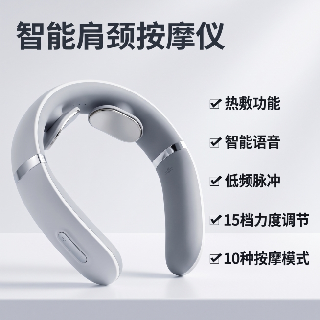 [主图 1] 肩颈按摩仪核心功能卖点首图
[氛围风格] 克制科技风、专业品质感
[画质] 商业摄影质感、光线柔和通透、产品清晰真实、画面干净高级
[元素] 浅灰白色极简科技背景，肩颈按摩仪居中倾斜15预览效果