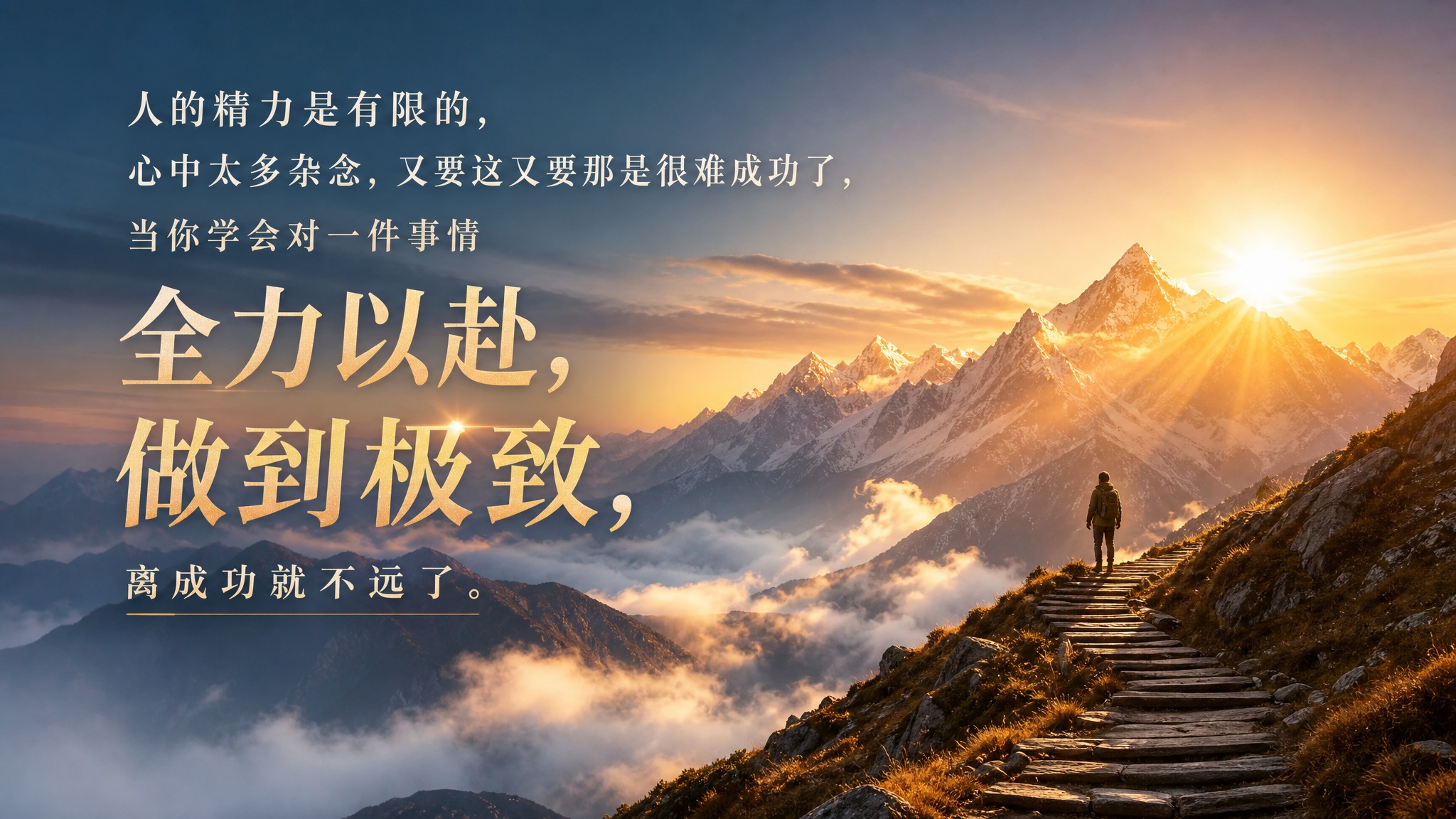 横版励志自然风光语录海报，16:9比例。画面背景是壮丽的高山日… - 图片创意预览