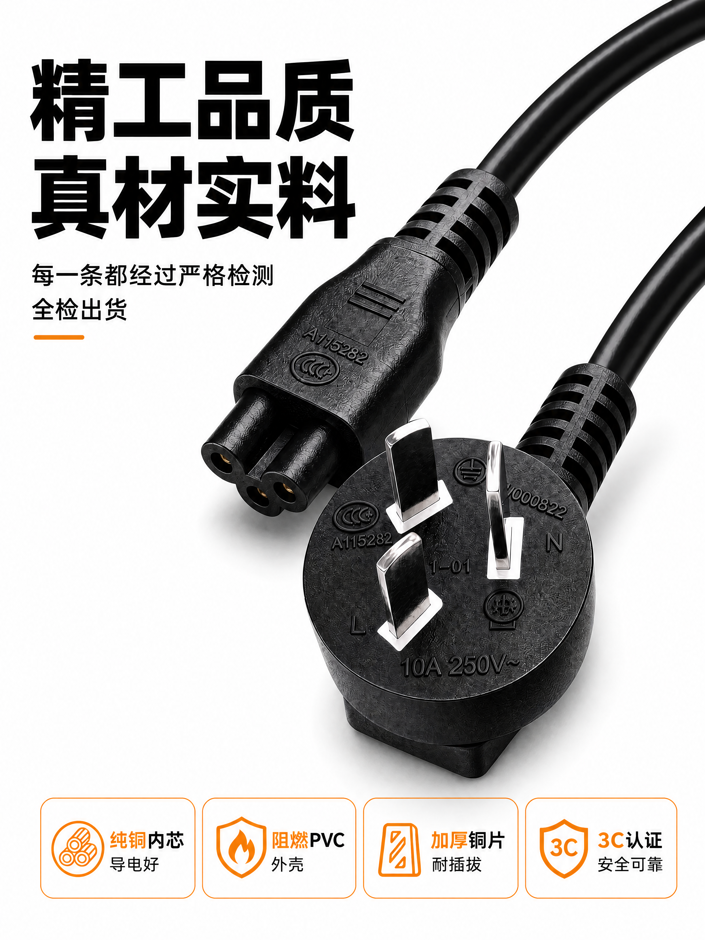 将整张图片的背景改为纯白色，保留产品（黑色电源线、三插插头、梅… - 图片创意预览