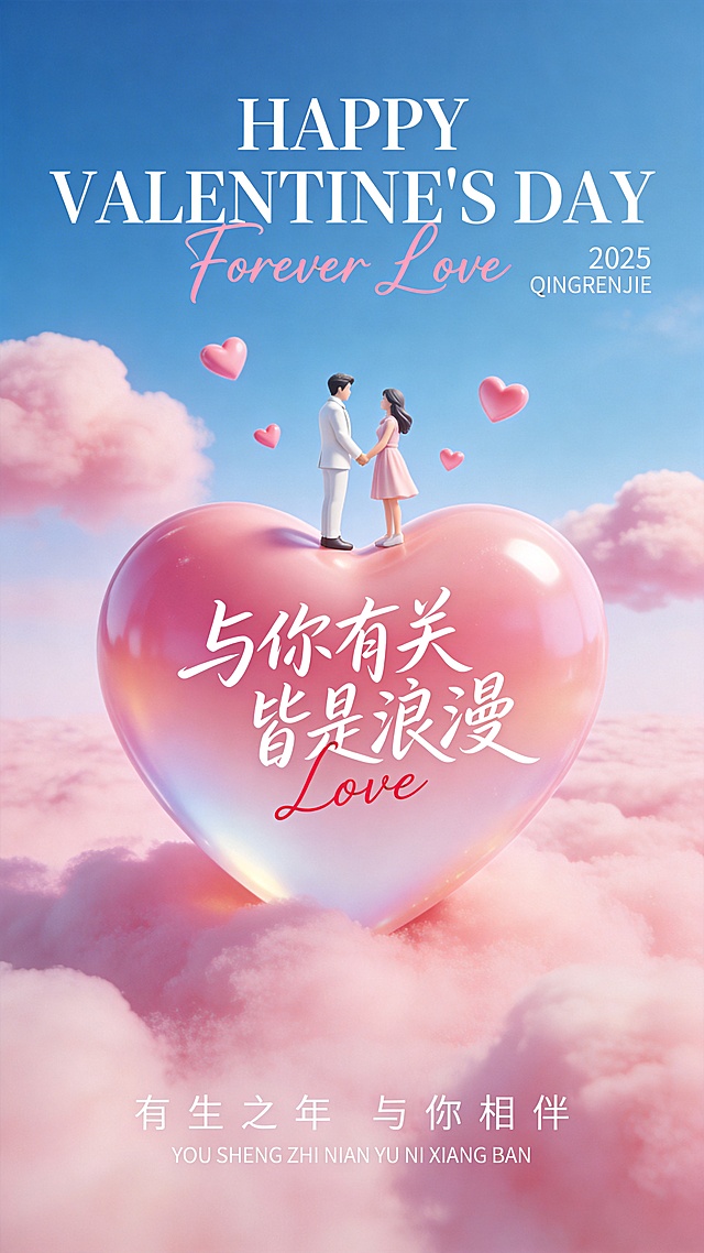 梦幻治愈系3D超现实场景，背景是粉蓝渐变的澄澈天空，点缀蓬松柔软的粉色云朵。中心是巨大的粉色渐变爱心悬浮在粉色云海之上，爱心上站着一对微缩人偶：男生穿白色西装，女生穿浅粉连衣裙，二人牵手对视，周围漂浮着迷你粉色爱心。顶部是优雅衬线英文“HAPPY VALENTINE'S DAY”，搭配粉色手写装饰“Forever Love”，右侧标注“2025 QINGRENJIE”；爱心上是白色艺术书法字体“与你有关 皆是浪漫”，下方点缀红色手写英文“Love”；底部是白色小字“有生之年 与你相伴”及对应拼音。整体风格梦幻浪漫，粉蓝配色清新治愈，云朵与爱心质感柔软通透，光线柔和且精准，营造出高级的超现实主义商业广告氛围