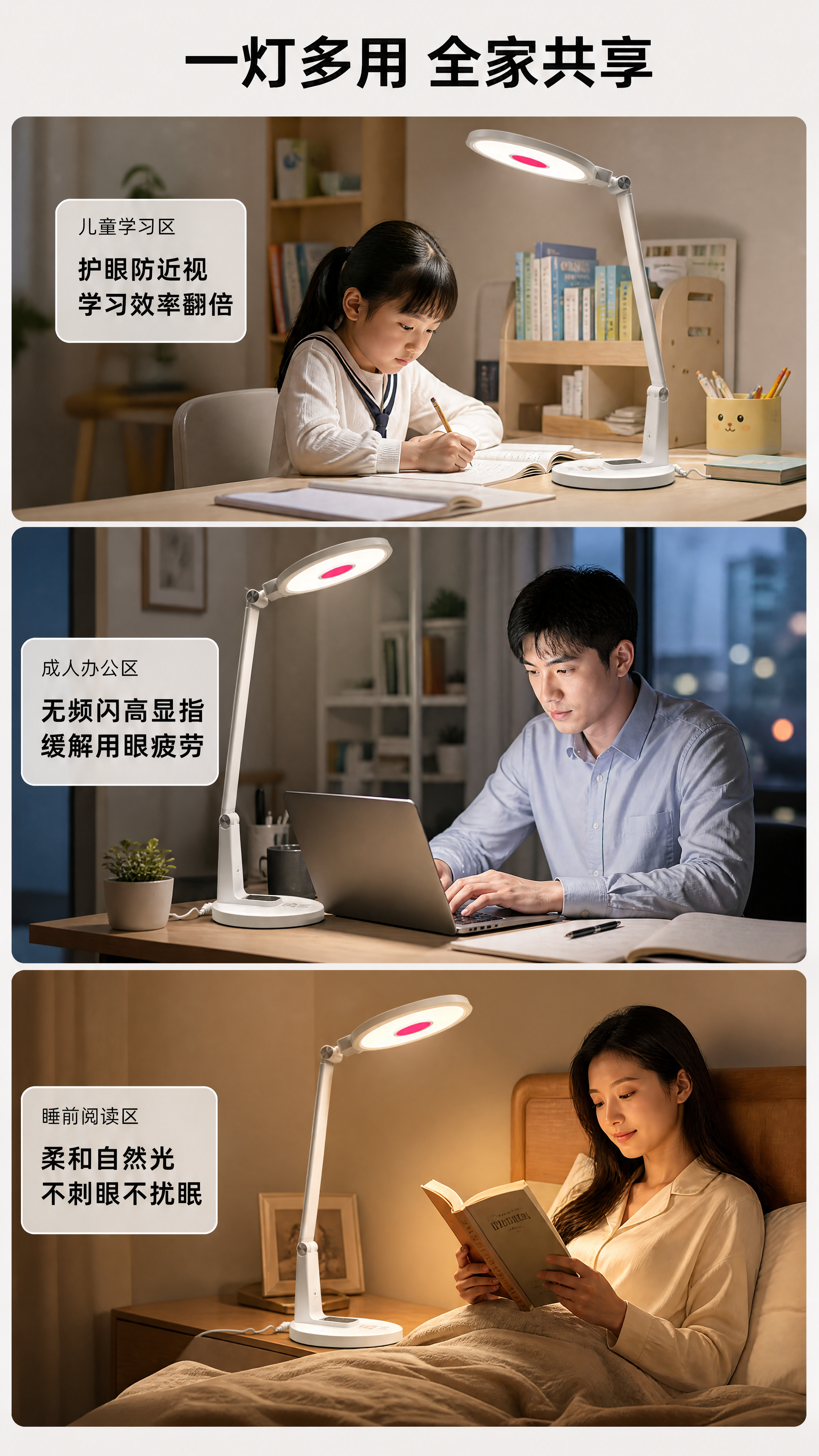 第5张 场景应用页。一灯多用，全家共享。DNC全光谱健康护眼台… - 图片创意预览