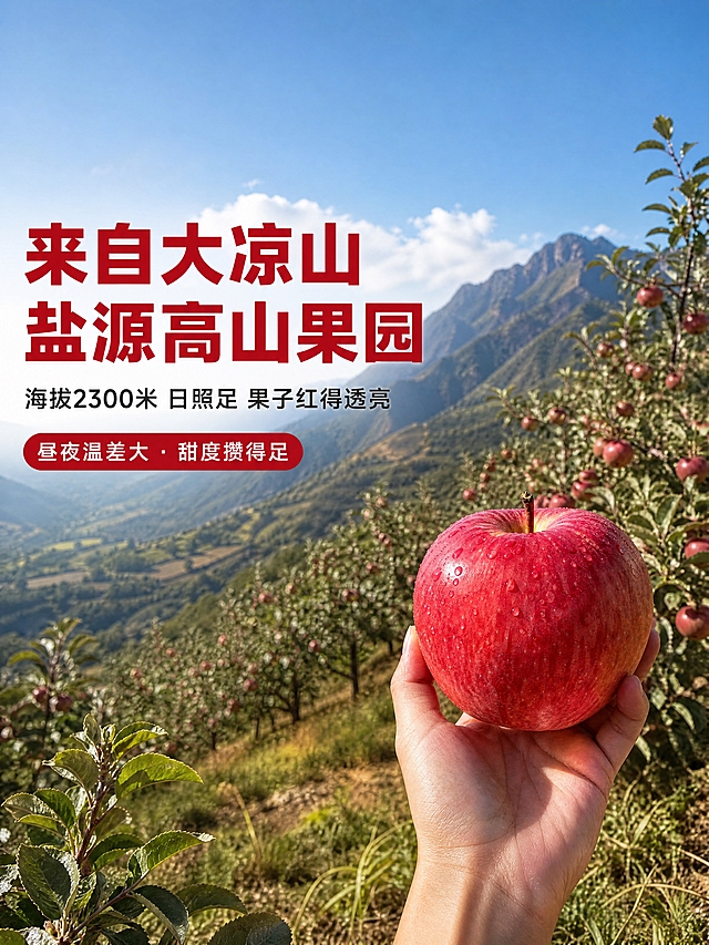 [主图-2 红将军 3:4 产地风景] 产地高山果园，将1:1扩展为3:4竖版，上下增加内容，真实实拍风。
[视觉套系] 风格=真实实拍+轻度精修排版；标题字=粗黑体厚重有力；正文字=简洁无衬线体；主色=正苹果红；背景延展=真实高山果园+远山蓝天；强调色=正红；标题色=正苹果红；正文色=深暖灰；组件=红底白字圆角胶囊标签；光影=真实自然日光，明亮通透。
[画面] 3:4竖版构图，左文右图布局。右侧约55%是真实实拍画面：一只手拿着一颗红将军苹果，果皮红亮带水珠，背景是大凉山盐源的高山苹果园和远处山脉，阳光自然照射，温暖质朴。上方扩展更多天空和远山，下方扩展更多草地和前景枝叶，增加竖版纵深感。前景手持苹果清晰、中景果树林、远景山峦蓝天，3层真实景深。保留实拍质感，不过度修图。左侧约45%为文字区。
[文字版式] 左侧文字区从上到下：顶部大标题「来自大凉山盐源高山果园」正红粗黑大字分两行；副标题「海拔2300米 日照足 果子红得透亮」深暖灰小字；底部小字「昼夜温差大 · 甜度攒得足」。所有文字左对齐，不遮挡苹果主体。全部横排，清晰可读。
[输出要求] 比例3:4竖版，4K清晰度，真实实拍感，AI感轻。负向：变形、错字、模糊、杂乱、水印、平台Logo、3D渲染感、假背景、过度美化、冷蓝滤镜、城市建筑、集装箱。