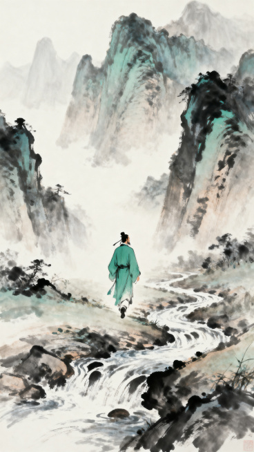 中国唐代诗圣杜甫，行走在壮丽山河之间，古风中国水墨画风格，意境雄浑悠远，展现诗人游历山河的足迹预览效果