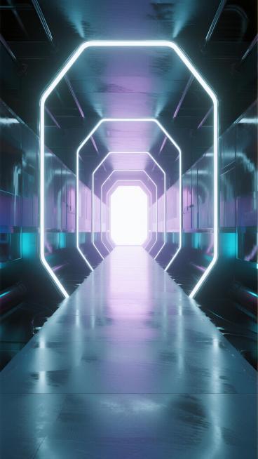 3D渲染风格的未来感科技走廊，以渐变的[可替换为具体颜色，如：深蓝/紫色/粉色/青色]为主色调，保持原有的明亮光线效果，光线从走廊尽头强烈照射，两侧是光滑的透明材质墙壁，带有白色发光线条勾勒的几何框架结构，地面呈现光滑的反光质感，整体营造出通透、洁净、充满科技感的氛围，适合作为直播间背景，构图采用中央透视的深邃通道布局，视觉引导线指向尽头光源，增强空间纵深感和沉浸感。预览效果