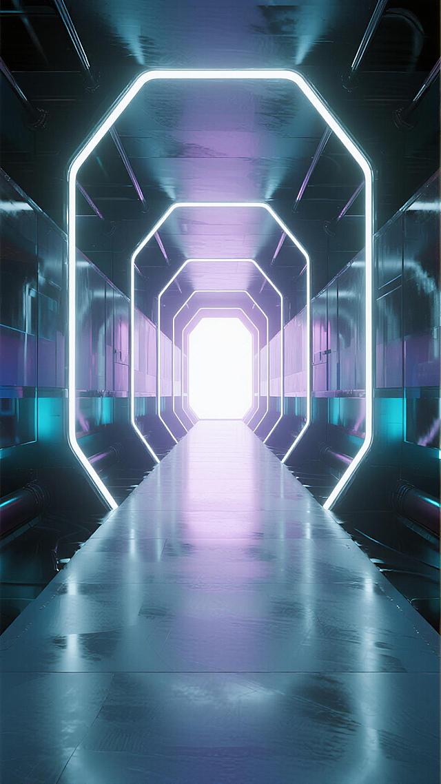 3D渲染风格的未来感科技走廊，以渐变的[可替换为具体颜色，如：深蓝/紫色/粉色/青色]为主色调，保持原有的明亮光线效果，光线从走廊尽头强烈照射，两侧是光滑的透明材质墙壁，带有白色发光线条勾勒的几何框架结构，地面呈现光滑的反光质感，整体营造出通透、洁净、充满科技感的氛围，适合作为直播间背景，构图采用中央透视的深邃通道布局，视觉引导线指向尽头光源，增强空间纵深感和沉浸感。