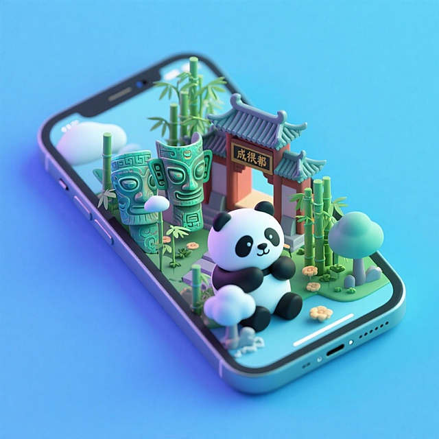 软3D风微缩艺术场景，熊猫与竹林、古蜀面具共融手机屏中，萌趣清新，梦幻卡通感十足，展现成都文化魅力。