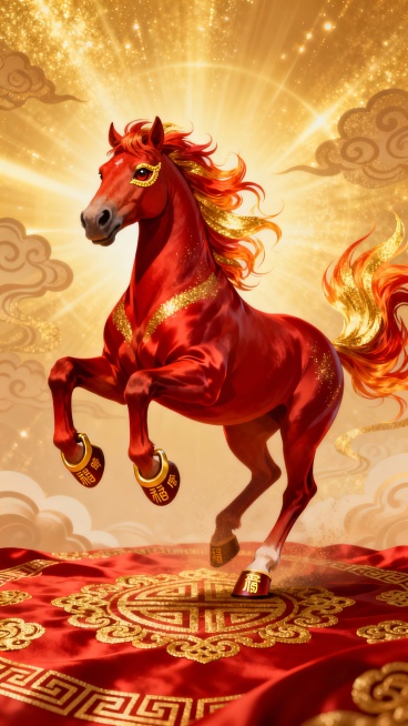 这是一幅专为马年打造的红金色调商业海报，艺术类型为设计感十足的平面海报。主体是一匹姿态昂扬的骏马，它前蹄高高扬起，后蹄稳稳踏地，身姿矫健，充满力量感。马身覆盖着一层宛如绸缎般顺滑的毛发，毛发颜色以浓郁预览效果