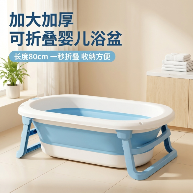 [主图 1] 可折叠婴儿沐浴盆首图场景展示。
[氛围风格] 温馨清新母婴风，明亮干净卫浴场景。
[画质] 商业摄影质感、光线柔和通透、产品清晰真实、画面干净高级。
[元素] 折叠婴儿沐浴盆居中放置在明预览效果