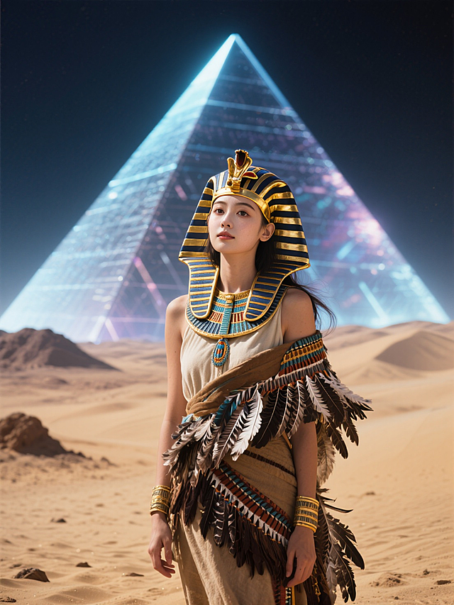 古埃及法老黄金头饰，部落羽毛披肩，沙漠中的全息金字塔，电影灯光