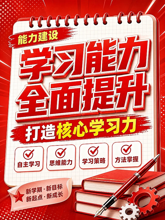 红色商务立体字风格开学季竖版海报，红色线圈笔记本构图布局。画面比例3:4竖版。画面主体是白色线圈笔记本背景，带网格纹理，顶部红色线圈环。左上角红色笔刷标签写着"能力建设"，黄色文字。中央超大号红色立体字主标题分两行排列：第一行"学习能力"，第二行"全面提升"，带白色描边，视觉冲击力强。下方红色笔刷底纹配白色文字副标题"打造核心学习力"，"核心学习力"五个字用金黄色突出。底部四个白色圆角对勾框横向排列，红色对勾图标："自主学习""思维能力""学习策略""方法掌握"。右下角装饰：堆叠的红色书本、红色钢笔、齿轮组合。整体红色渐变背景带白色波点和速度线装饰，商务大气，文案超大醒目，适合手机端阅读。画面中所有信息区域必须填充完整合理的内容，不得出现空白框。