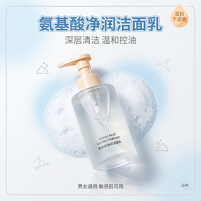 [单张主图] 氨基酸净润洁面乳电商主图，高级氛围感美妆护肤主图，干净清爽适配搜索页橱窗展示。
[画面主体] 洗面奶正装瓶身居中放置，45度黄金斜角摆放，瓶体完整无裁切，洗面奶主体占据画面50%空间，大小比例协调；清晰展现磨砂质感瓶体、按压泵头、瓶身印刷字体纹路，完整呈现产品外观全貌；产品轮廓规整顺滑无变形扭曲，高度还原实物样貌；瓶身保持通透自然光泽，底部带浅淡写实倒影，凸显美妆产品高级立体感。
[构图版式] 中心主体构图，极细浅灰色圆角简约轻奢边框，画面四周均匀留白，各元素间距宽松舒展，所有文案居中对齐，边角标识定点规整摆放，所有元素都避开泵头和瓶身正面核心展示区域。视觉层级优先级：洗面奶产品主体 > 主标题 > 促销标签 > 卖点副标题 > 备注小字。
[场景元素] 纯净奶白色低饱和浅肤感背景，无杂色污渍；淡蓝色渐变柔光光晕和轻盈绵密泡沫特效环绕瓶身两侧，迷你线性泡沫图标和简约水分子小图案零散点缀在画面空白处；浅淡隐形细线条划分文案区与产品区，层次分明。右下角放置小巧精致品牌标识，不遮挡产品瓶身主体，无多余人物杂物和夸张图案。
[文案版式] 画面顶部居中放置最大字号的加粗圆润美妆黑体，深海清蓝色字体带1层细白描边，单行居中排布字间距均匀，文字内容："氨基酸净润洁面乳"；主标题下方产品上方空隙处放置小于主标题字号的纤细清爽常规黑体，浅灰雅致色系居中对齐，文字内容：深层清洁 温和控油；画面右上角圆角水滴促销标签框，浅橙白撞色搭配，加粗小巧字体，文字内容：温和不紧绷；产品底部左右空白区域放置简约纤细小字，标注：男女通用 敏感肌可用。
[光影质感] 三面柔光漫反射打光，光影细腻，8K超清画质，材质纹理清晰，整体为商用美妆级成像效果。
[配色字体] 主色调奶白+清浅蓝，贴合护肤洁面产品调性；辅助色浅杏色淡灰色，配色柔和协调；强调色暖浅橙色，仅用于促销标签提亮点缀，整体色调干净清爽温柔高级。字体搭配：主标题加粗圆润美妆黑体，卖点纤细清爽常规黑体，促销标签加粗小巧字体，备注简约纤细字体，字重区分清晰，符合美妆高级感审美。
[比例分辨率] 1:1比例，800*800px，2K分辨率，文字清晰可辨，超高清画质。
[负向提示词] 变形，水印，错字，糊字，伪Logo，主体遮挡，背景杂乱，低清晰度，错误结构，文字错乱，产品模糊，杂色污渍。