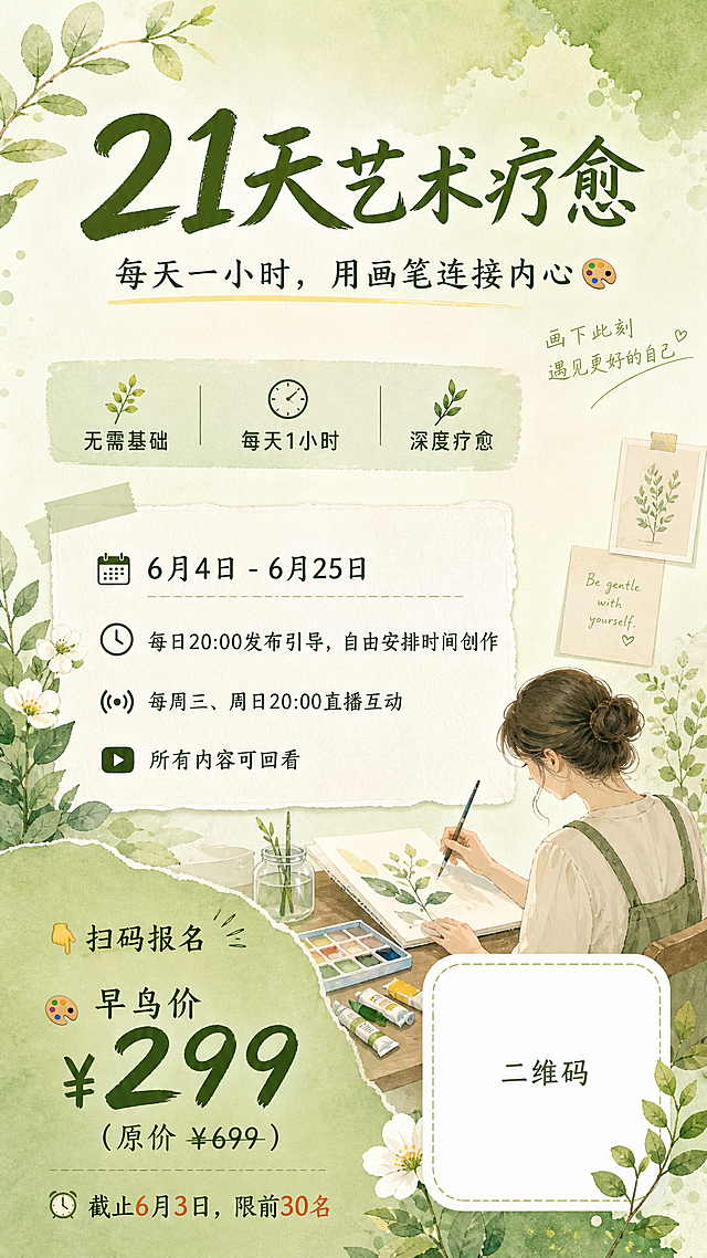 制作一张21天艺术疗愈课程宣传海报，整体风格清新治愈，暖绿色调。画面顶部大字标题"21天艺术疗愈"，副标题"每天一小时，用画笔连接内心🎨"。中间包含信息："无需基础 | ⏰ 每天1小时 | 🌿 深度疗愈"，"📅 6月4日 - 6月25日"，"🕐 每日20:00发布引导，自由安排时间创作"，"📡 每周三、周日20:00直播互动"，"📹 所有内容可回看"，左下角显示价格信息"👇 扫码报名 🎨 早鸟价 ¥299（原价 ¥699）⏰ 截止6月3日，限前30名"，右下角预留二维码位置。构图舒适醒目，适合手机分享。