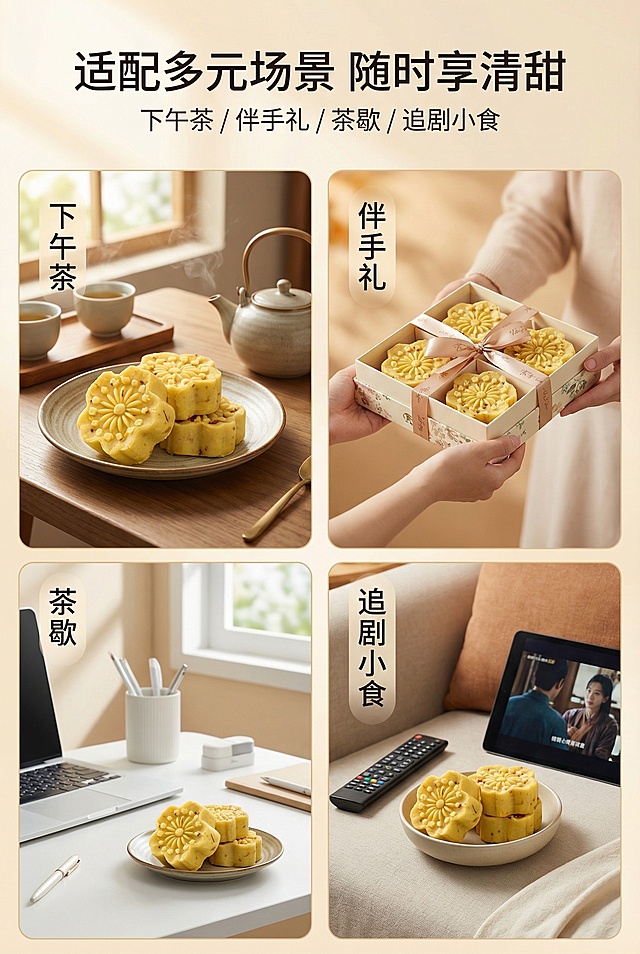 2:3竖屏，生活场景杂志风，严格还原上传产品图的花型造型、颜色、桂花碎分布、质地质感等所有细节，产品尺寸比例保持1:1。主标题「适配多元场景 随时享清甜」，副标题「下午茶 / 伴手礼 / 茶歇 / 追剧小食」，画面分四宫格拼贴：1. 下午茶场景，包含产品和茶具；2. 送礼场景，包含产品和礼盒；3. 办公室茶歇场景；4. 追剧零食场景，产品自然融入每个场景。背景为柔和暖光，所有文字采用统一无衬线字体，排版错落有致，突出产品场景适配性。避免场景杂乱，避免人物过多，避免产品比例失调，避免颜色刺眼，避免非相关场景元素。