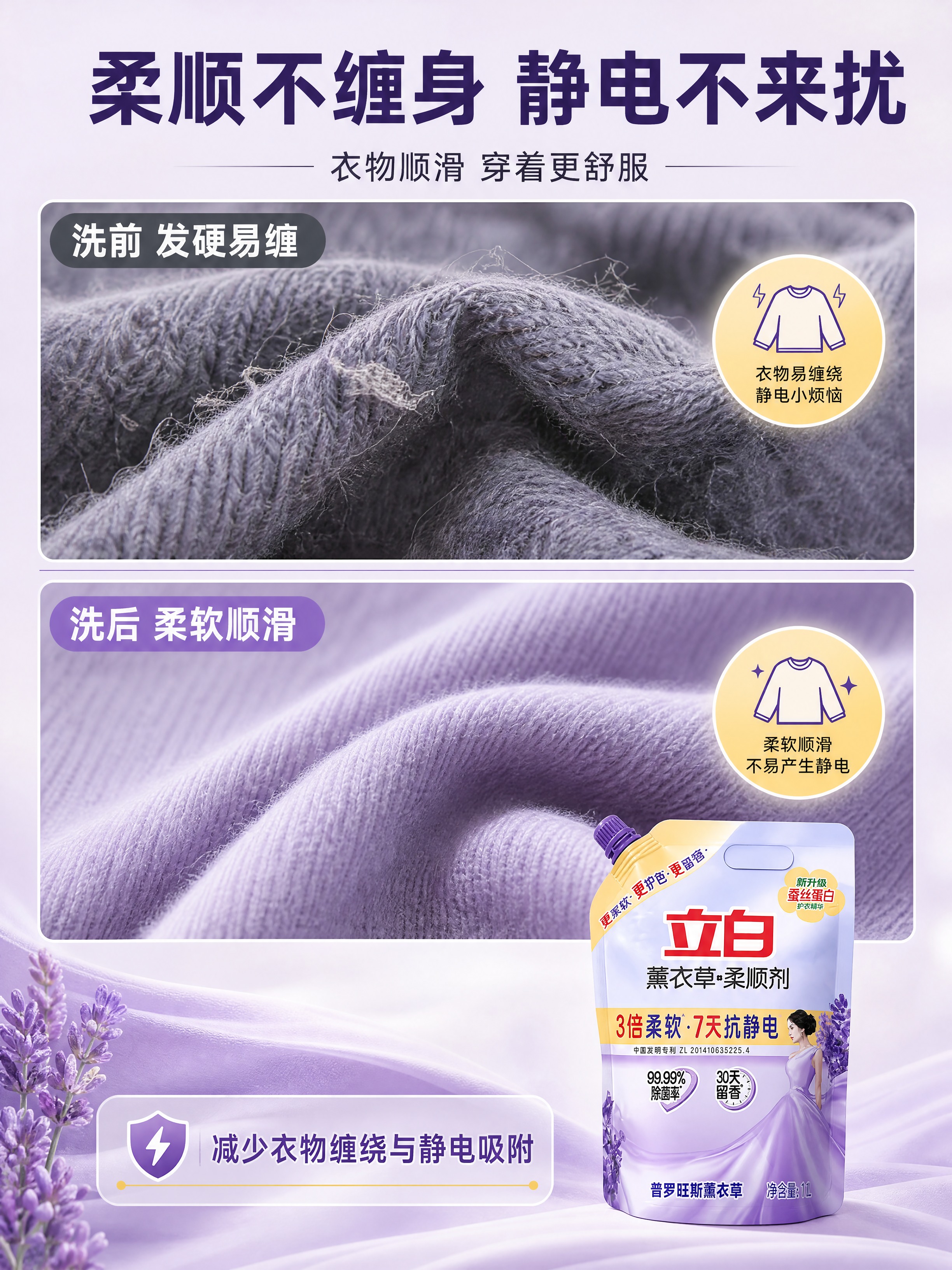 基于【图1】的立白薰衣草柔顺剂袋装图，生成详情页第3张——柔顺… - 图片创意预览