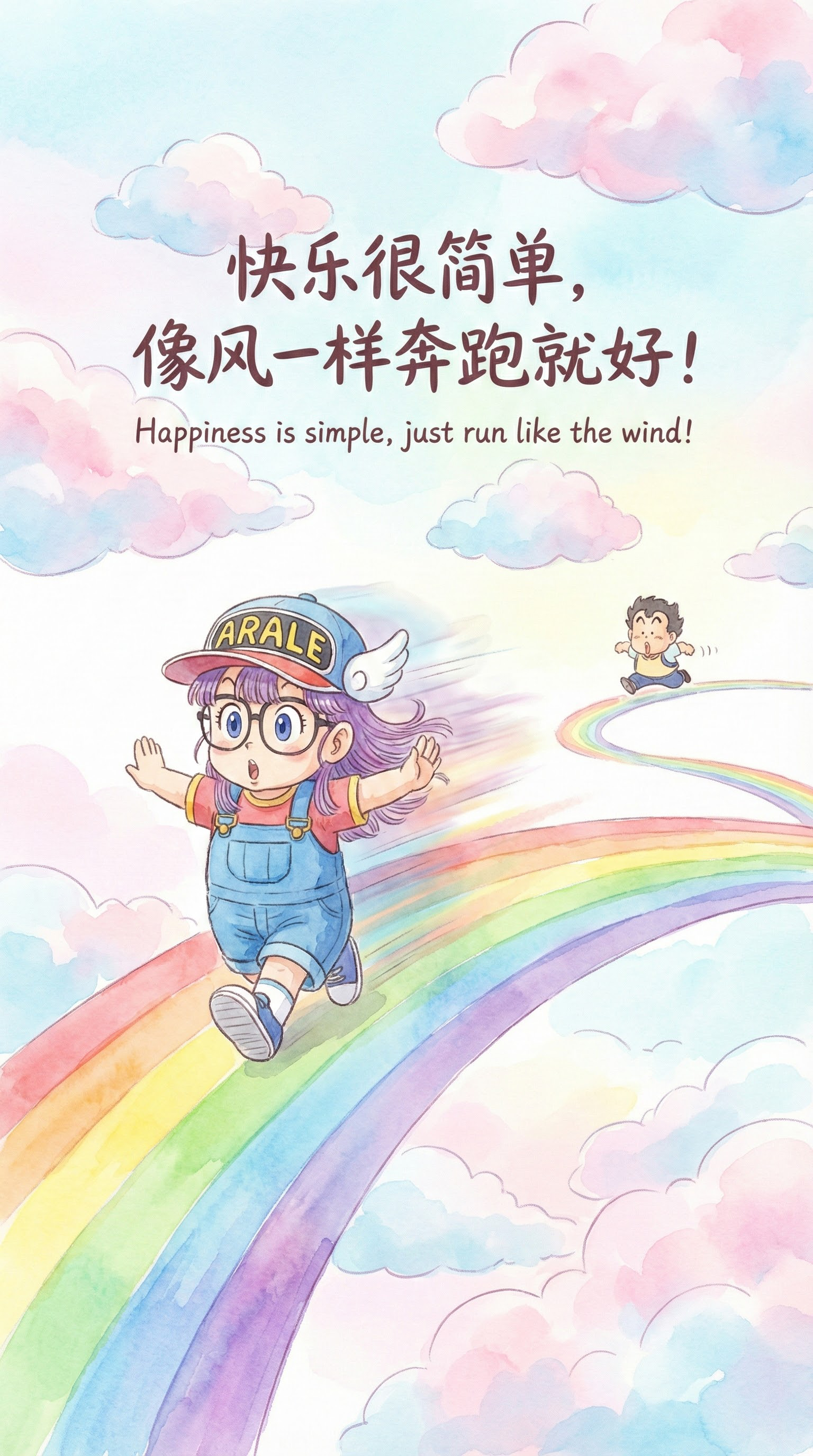 阿拉蕾彩虹奔跑主题 提示词： 水彩绘本风格，阿拉蕾张开双臂在彩… - 图片创意预览