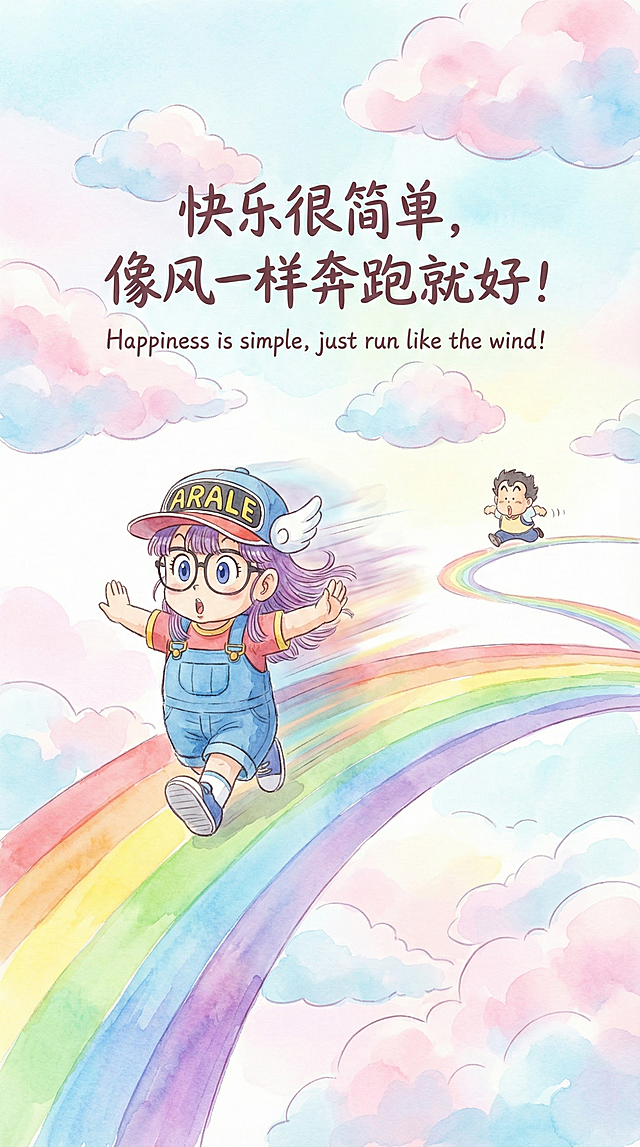 阿拉蕾彩虹奔跑主题
提示词：
水彩绘本风格，阿拉蕾张开双臂在彩虹桥上奔跑，身后留下彩色残影，天空飘着棉花糖云朵，则卷千兵卫在远处追赶。中文文字“快乐很简单，像风一样奔跑就好！”及英文翻译，渐变色调轻盈透明，笔触柔软，竖版手机壁纸，8K分辨率，梦幻氛围与情感化构图。