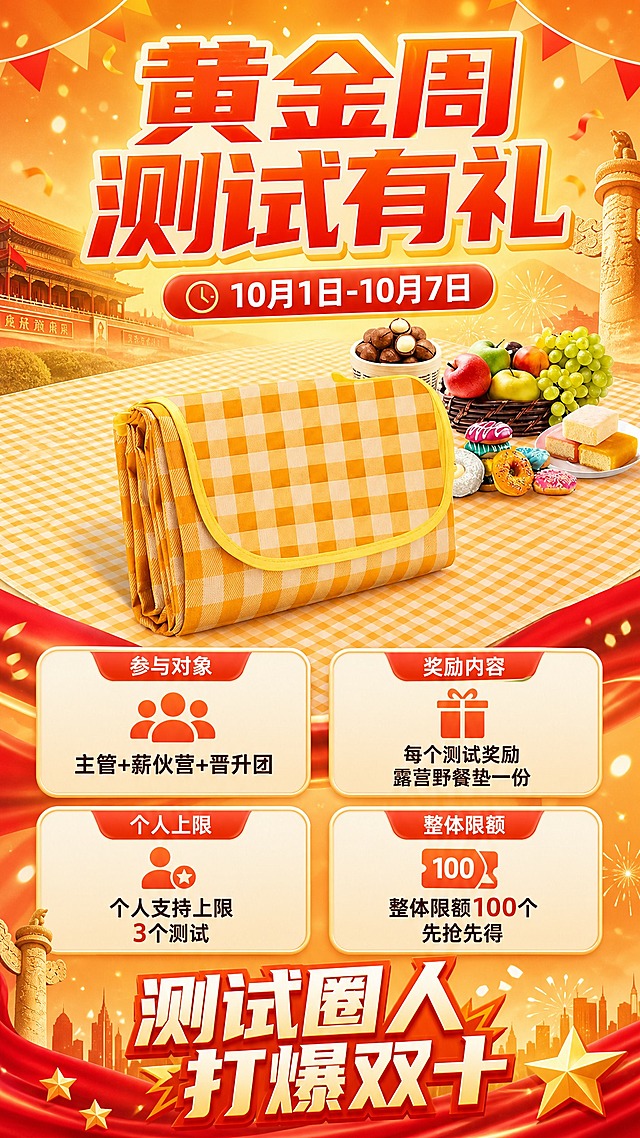 竖版商业活动海报，9:16比例，国庆黄金周促销风格，暖橙黄色系，喜庆活力氛围。画面顶部是大标题"黄金周测试有礼"，字体醒目加粗，橙红色渐变。标题下方是活动时间标签"10月1日-10月7日"。画面中间位置主体展示黄白格纹露营野餐垫产品图，产品100%还原上传商品图的外形、颜色、材质、结构，保留折叠收纳形态与黄白格子图案，产品清晰完整。产品周围布置活动规则信息卡片，包含：参与对象"主管+薪伙营+晋升团"，奖励内容"每个测试奖励露营野餐垫一份"，个人上限"个人支持上限3个测试"，整体限额"整体限额100个 先抢先得"。画面底部是醒目口号"测试圈人 打爆双十"，字体加粗有力量感。背景为暖橙色渐变，点缀金色光斑、彩旗、国庆元素装饰，营造节日促销氛围。整体版式精美，层级分明，文字清晰可读，四边留有安全边距，无二维码占位。画面中所有数字必须精确渲染，不得错位、遗漏或编造。画面中所有信息区域必须填充完整合理的内容，不得出现空白框或占位。