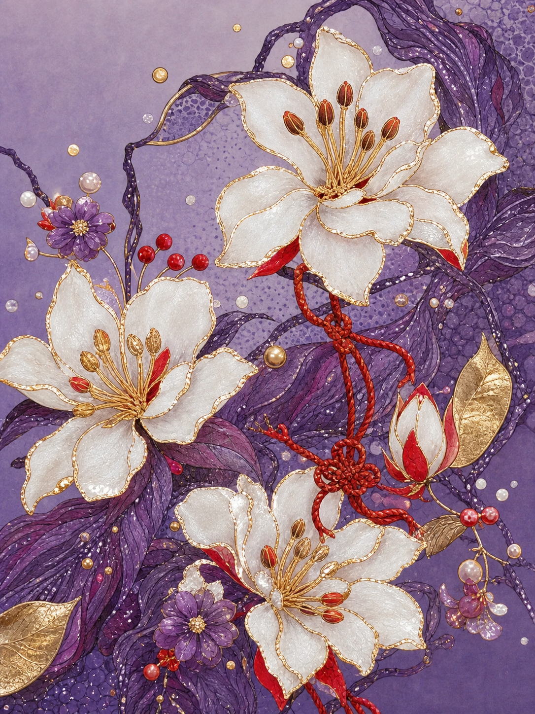 参考图中的新中式掐丝珐琅风格花卉插画，重新生成类似画面内容：紫… - 图片创意预览
