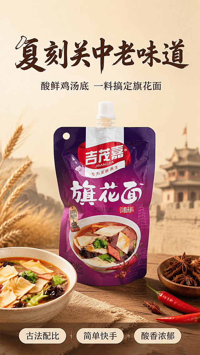 [第1屏] 详情页头图-吉茂嘉旗花面调味料主视觉海报。
[氛围/风格] 简单大气陕西特色风格，接地气，商业摄影质感，家常烟火气氛围，整体明亮通透。
[元素布局] 本屏使用【图1】作为商品主体，旗花面调味料紫色吸嘴袋包装位于画面偏下区域，占据画面约65%主体位置。保持产品包装的物理结构、材质质感、包装文字、颜色与输入产品图完全一致。背景使用浅米黄色渐变，加入虚化的陕西古城墙和小麦元素作为装饰，前景摆放一碗做好的旗花面作为搭配，右侧点缀整颗八角和红辣椒元素，整体层次分明。
[光影质感] 左上方柔和主光照亮产品包装，右下方形成自然柔和投影，紫色包装和白色文字对比清晰，整体明暗层次自然，产品边缘轮廓真实清晰。
[配色色系] 全局底色：#F5F0E6；主体配色：#7B2C8C（产品紫）+#FFFFFF（产品文字白）+#D93D30（包装标签红）；辅助色：#C49366（木色）+#222222（文字深棕）。
[视角构图] 正面平视视角，产品主体位于画面偏下中线位置，上方预留充足标题区域，整体构图均衡，阅读动线从上至下自然流畅。
[文字版式] 标题字形采用书法风格字体，字色使用深棕色一种，采用纯色填充字效。上方主标题“复刻关中老味道”，居中排列，字号为画面宽度的9%；副标题“酸鲜鸡汤底 一料搞定旗花面”，居中位于主标题下方，字号为主标题的40%；产品主体下方三个卖点信息点“古法配比 | 简单快手 | 酸香浓郁”用浅棕色胶囊底衬承载，横向均匀排列，文字清晰不遮挡产品主体。
[比例分辨率] 9:16竖版比例，4K分辨率，文字清晰可辨，超高清。
[负向提示词] 包装变形，文字错乱，颜色偏差，产品结构错误，水印，背景杂乱，文字模糊，缺件错件