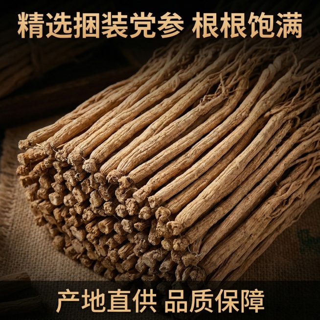 优化为主图，放大中间捆装党参的细节，突出党参的干度和规整形态，画面顶部添加“精选捆装党参 根根饱满”的大标题，底部添加“产地直供 品质保障”的文字，背景做暗化处理突出主体预览效果