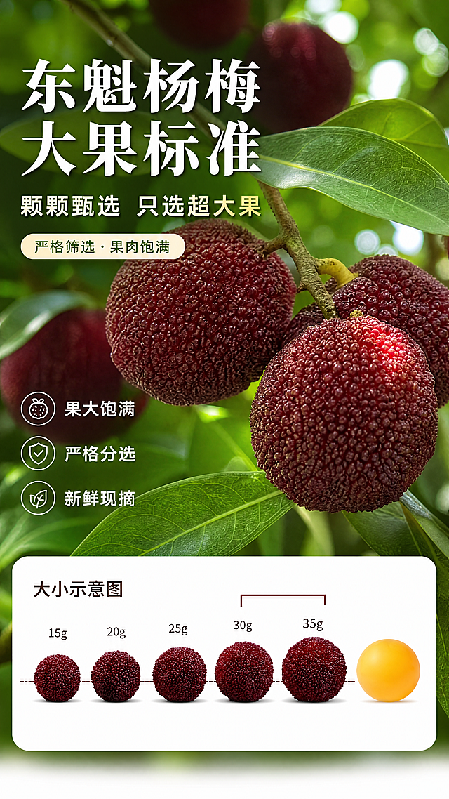东魁杨梅生鲜电商海报，主题是东魁杨梅规格大小，突出筛选严格，果大饱满，参考图1的规格对比版式，采用图2的新鲜杨梅实拍，整体为写实商业摄影风格，主标题为“东魁杨梅 大果标准”，副标题为“颗颗甄选 只选超大果”，装饰文案为“严格筛选 · 果肉饱满”，卖点为“果大饱满”“严格分选”“新鲜现摘”，包含规格大小示意图展示15g到35g的杨梅尺寸对比，整体版式精美，构图分区清晰，主产品放大展示，背景为清新自然绿色，突出新鲜食欲感，画面比例9:16，文字不遮挡产品主体，所有文字清晰可读。商品以图1和图2为准，保持杨梅的真实外形和颜色，还原参考图的规格对比版式结构。