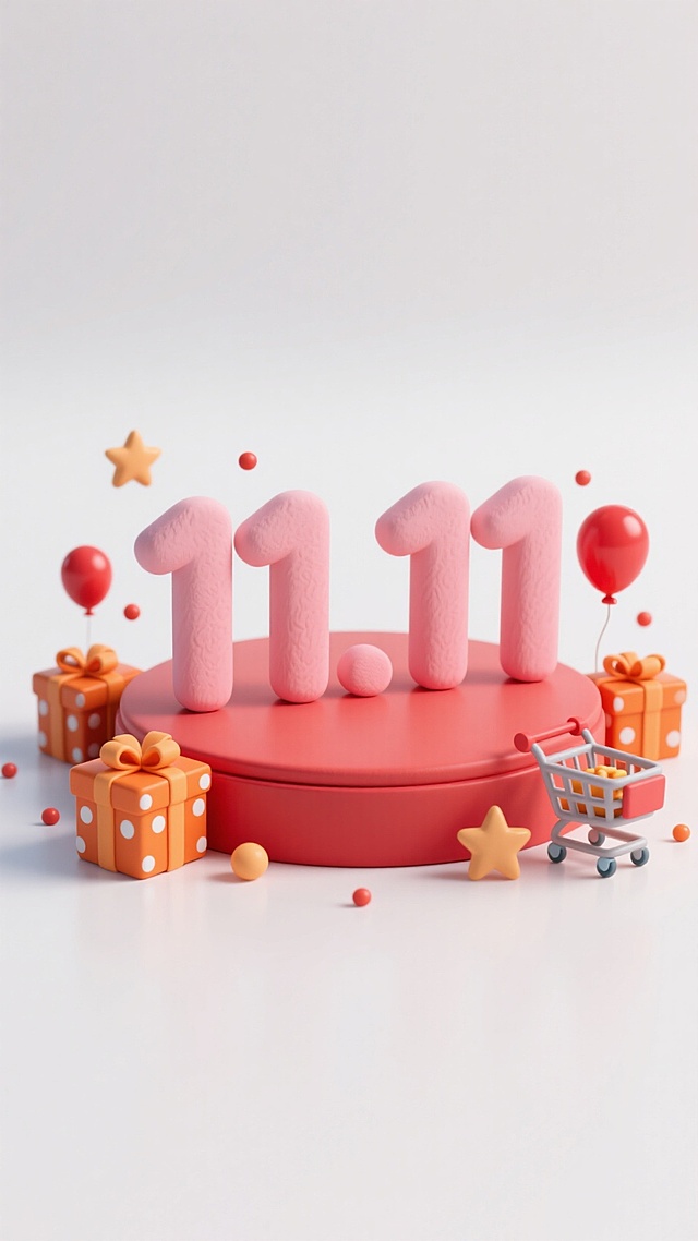 粘土风。白色背景，画面中心是巨大的粉色立体 数字“11.11” 文字立在红色圆台上，周围环绕橙色带白点的礼物盒、购物车、红色气球，还有星星、小圆点等小装饰，整体布局紧凑