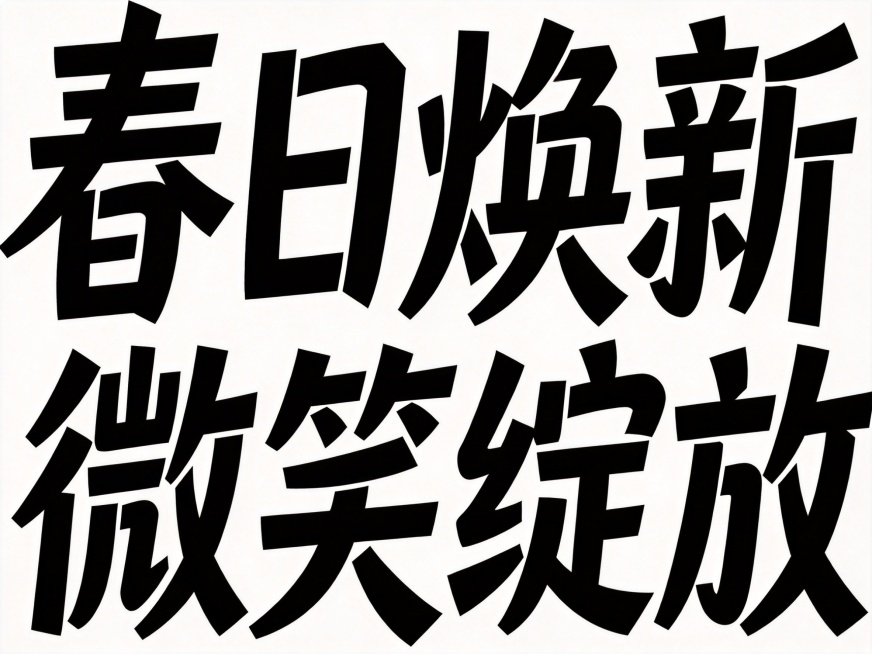 干净的纯白色背景。平面艺术字体设计，八个字"春日焕新 微笑绽放"，所有文字单行横向排列，粗壮粗黑体笔画，笔画有断裂错位的街头涂鸦风格，字形结构硬朗，粗笔画厚重，整体连贯舒展倾斜动感，纯黑色字体。仅包含预览效果