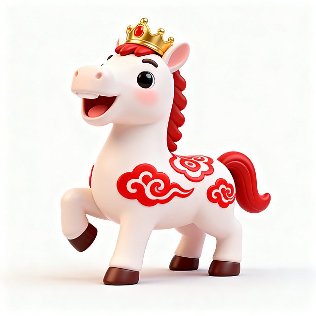 软3D风格的国潮风小马，融合粘土质感与卡通设计，头戴金冠，身披祥云纹饰，洋溢喜庆与可爱感，寓意新春吉祥。