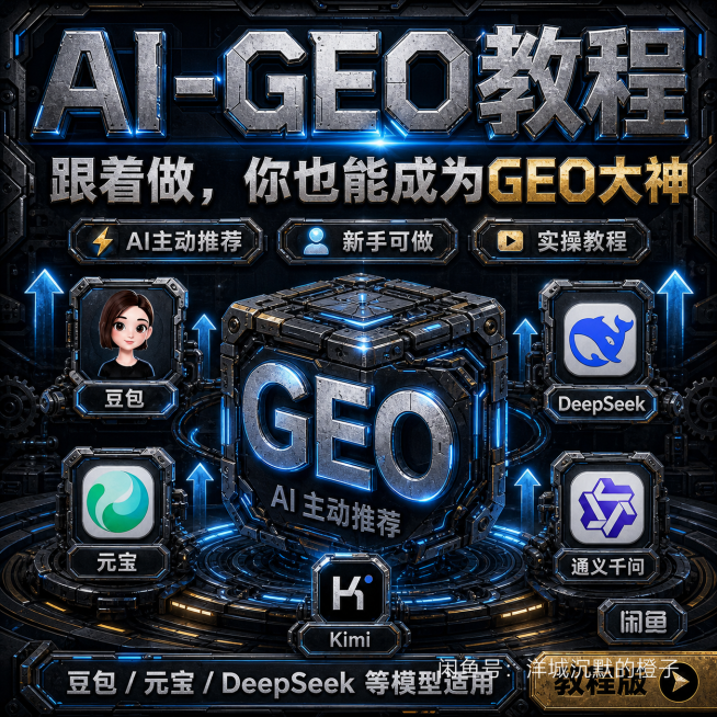 将这张AI-GEO教程宣传海报改为暗黑机械风风格，保留所有文字内容和排版结构，更换整体视觉风格为暗底金属工业机械效果预览效果