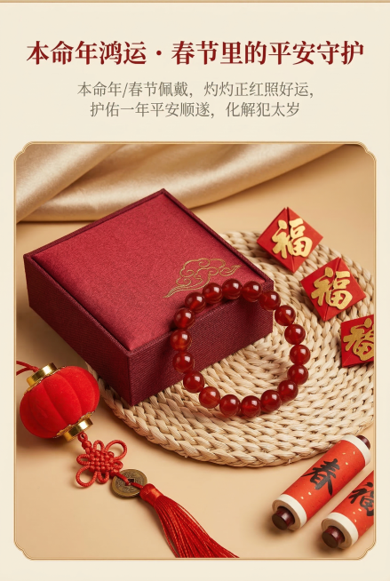 电商详情页春节/本命年节日场景展示屏，严格还原上传的红玛瑙手链产品图所有细节，产品比例1:1视觉协调。红玛瑙手链放置于红色春节礼盒旁，搭配春联、福字、红灯笼元素，背景为暖米色，营造喜庆节日氛围，手链与预览效果