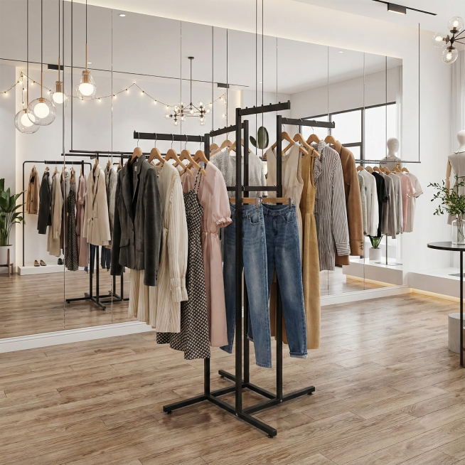 这是一个四杆服装架 放在服装店里展示服装 生成两张960*700的场景图片预览效果