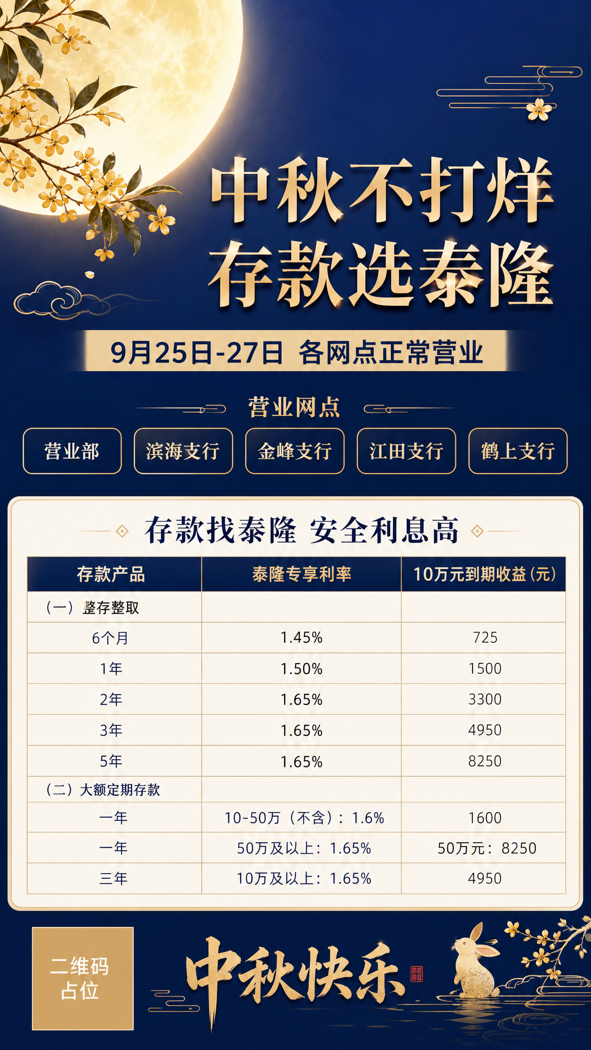 基于参考图一的中秋营业通知海报，重新设计为简约金融风格的竖版海… - 图片创意预览