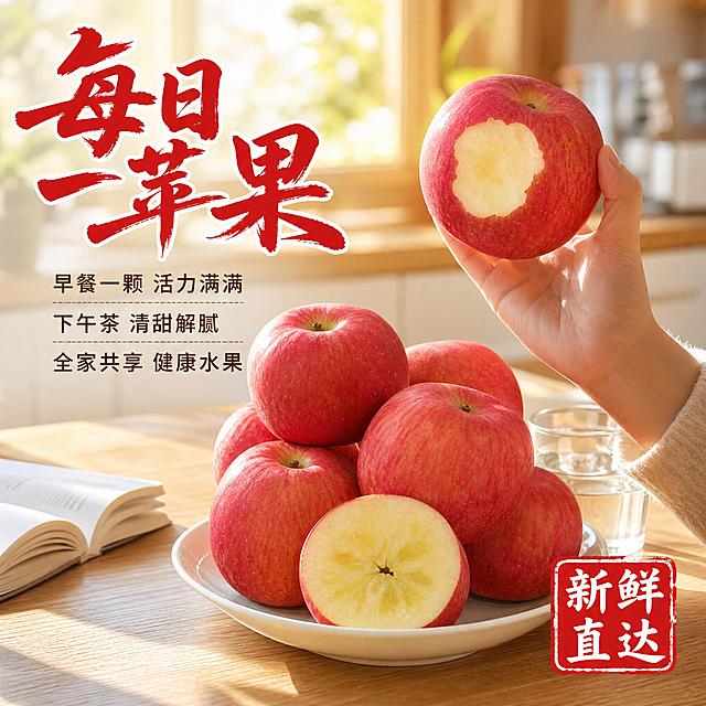 [主图-4] 生活场景与食用体验，展示家庭餐桌场景，增强代入感。
[统一基调] 淘宝/天猫食品生鲜风格，自然暖阳逆光，整体暖红绿色调，主标题用粗厚书法体大红色带轻微白边，辅助文案用清爽黑体深棕色，强调字用印章式红底白字，画面干净有食欲感，无多余装饰。
[画面] 温馨的家庭餐桌场景，浅木色餐桌上摆放着一盘红苹果，苹果外观与参考图一致，约5-6个堆叠在一起，其中一个被咬了一口露出果肉，旁边有一个切开的半颗苹果展示冰糖心。盘子旁边放着一杯清水和一本打开的书，背景是虚化的厨房窗边，阳光从窗外洒进来形成温暖光斑。画面有一只手正拿起一个苹果，手部自然不僵硬，体现日常食用场景。整体氛围温馨健康，适合家庭日常水果消费。
[光影质感] 窗边自然光，暖色调柔和光影，苹果表面有自然高光和接触阴影，餐桌木纹清晰，整体生活感强，商业摄影级清晰度。
[配色] 暖木色+苹果红+奶白餐具，背景暖黄虚化，文字红+深棕。
[文字版式] 左上角主标题书法体"每日一苹果"，下方三行小文案"早餐一颗 活力满满""下午茶 清甜解腻""全家共享 健康水果"。右下角一个红色印章标写"新鲜直达"。文字放在画面负空间，不遮挡苹果和手。
[输出要求] 1:1正方形，苹果外观与参考图一致，场景自然真实，文字清晰，禁止人物面部、畸形手、穿模、水印、平台Logo。