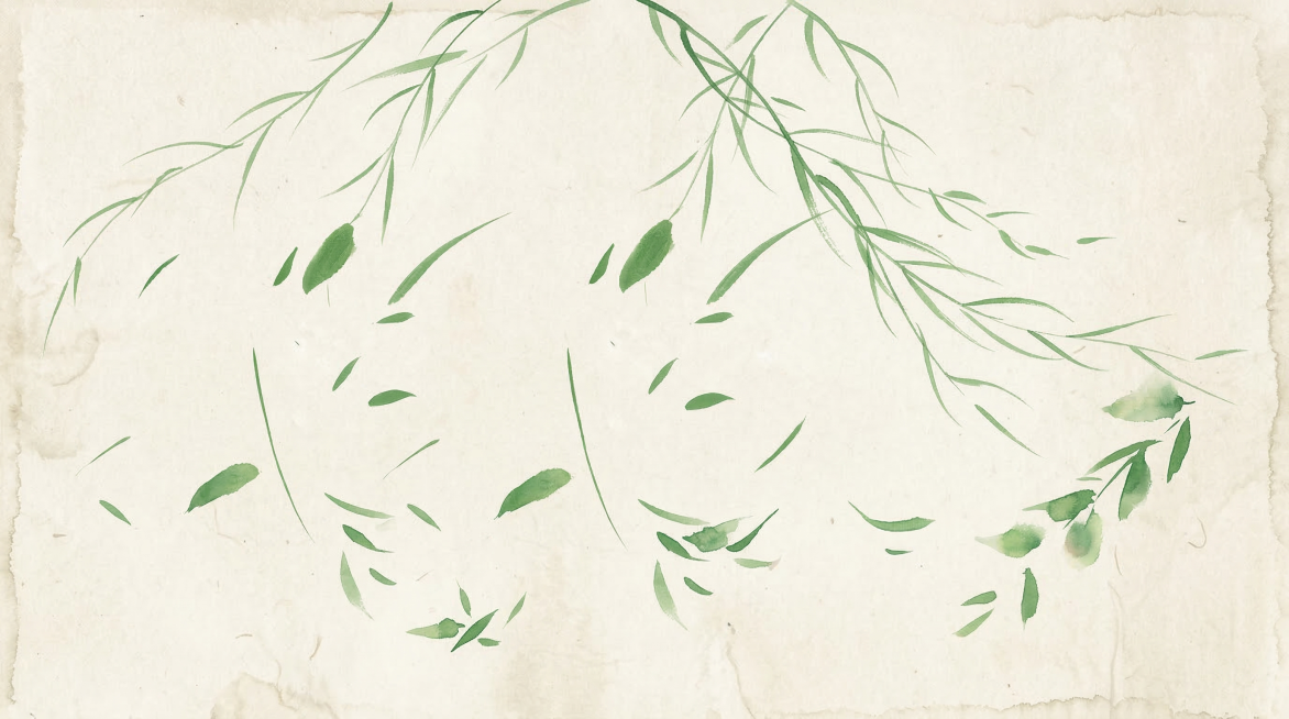 参考原图风格，绘制简约水彩风格飘动的柳叶和树叶，浅米白色宣纸背景，绿色写意笔触，横版构图，空灵简约的中式禅意美学预览效果