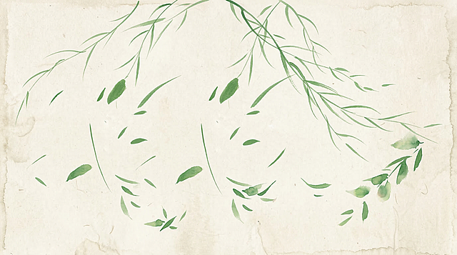 参考原图风格，绘制简约水彩风格飘动的柳叶和树叶，浅米白色宣纸背景，绿色写意笔触，横版构图，空灵简约的中式禅意美学