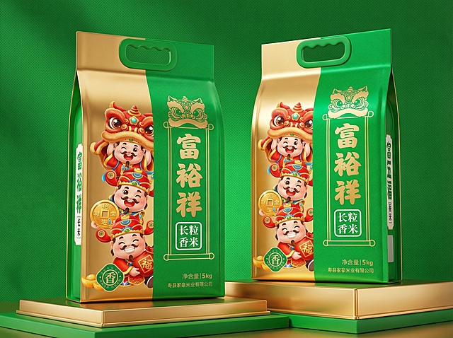 请把图1平面图做成立体米袋样机效果，参考图2展台效果和金色颜色、材质，尺寸、文字和图案都要保持图1一致，中间橙色小人删除不要，根据图2一样2个袋子摆在台面上，图片比例4：3