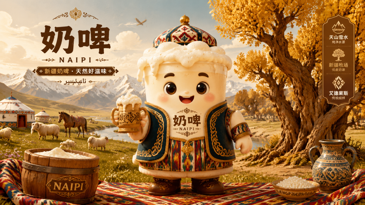 带有新疆地域特色的奶啤IP形象正视图，配色偏重，包含新疆元素如草原、胡杨、艾德莱斯绸纹理细节预览效果